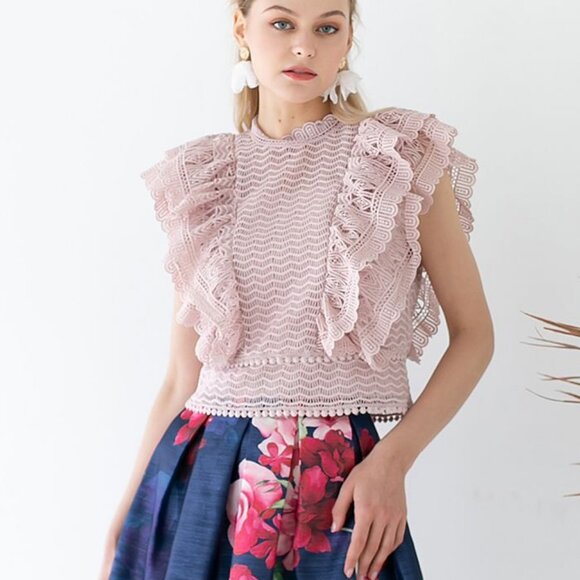 CHICWISH Tiered Ruffle Crochet Mock Neck Sleeveless Top in Pink NWT - Picture 6 of 6